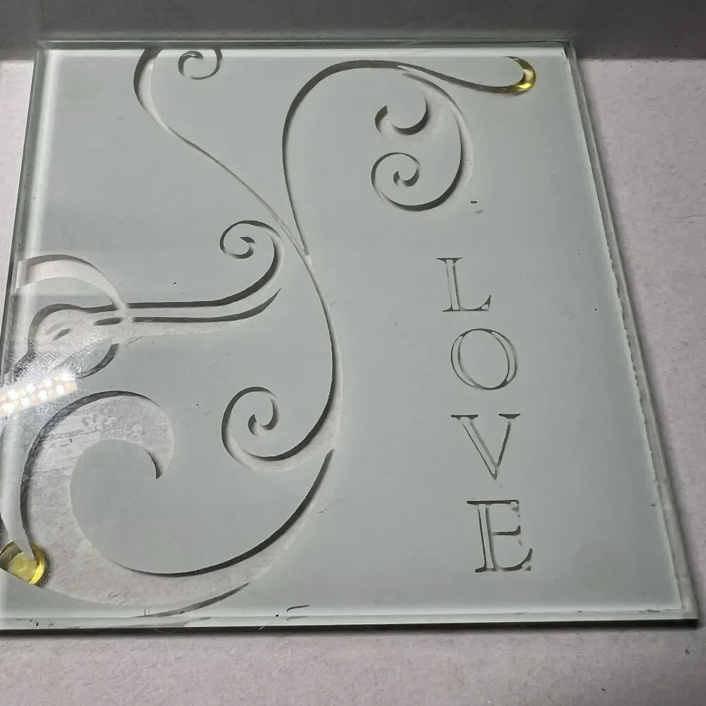 Lot of 3 Glass Coasters with Holder Etched LOVE Word Frosted Swirl 3” Vintage